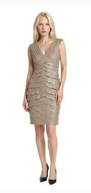 Adrianna Papell Cocktail Dress Women's Size 12 Champagne Gold Metallic Pleated
